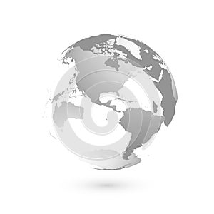 3D planet Earth globe. Transparent sphere with grey land silhouettes. Focused on Americas