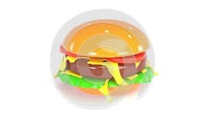 3d plastic delicious cheeseburger hamburger rotates on a white back