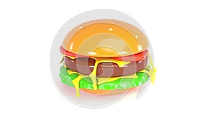3d plastic delicious cheeseburger hamburger rotates on a white back 3d