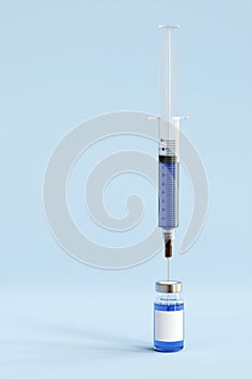3D Plastic medical syringe filled with blue liquid and ampoule bottle isolated on blue background