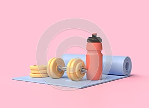 3d plastic water bottle, dumbbell, yoga mat. healthy lifestyle, sport and fitness concept. illustration isolated on pink