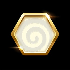 3d plate button of hexagon shape with golden frame vector illustration. Realistic isolated website element, golden