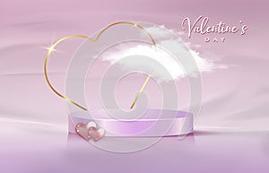 3d platform studio display Valentines Day, gold heart frame and fluffy cloud. Studio pink pedestal floor. Valentine day scene