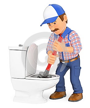 3D Plumber unclogging a toilet with a plunger