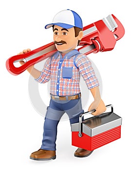 3D Plumber walking with a pipe wrench and toolbox