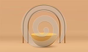 3d podium beige semisphere abstract stage with golden arch studio background design realistic vector