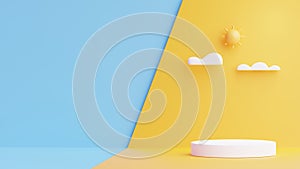 3D Podium cartoon with sun and clouds on blue background.Minimal style of summer vacation concept.3D Rendering Illustration