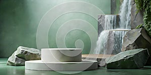 3D podium circle geometry and stone. Product display nature concept of Rocks and waterfall in a minimal style in green wall