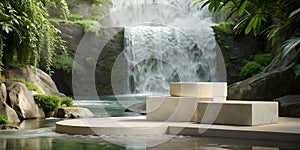 3D podium circle geometry and stone. Product display nature concept of waterfall nature in minimal style in green wall background.