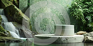 3D podium circular geometry. Product display space concept of rainforest and waterfall in a minimal style in a green concrete wall