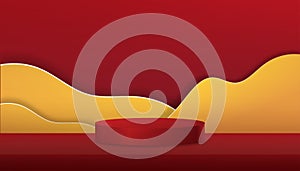 3D podium cylinder with yellow paper cut on red wall background,Vector luxury studio backdrop scene,Display circle stage stand for