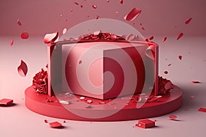 3D podium, display, background. Red, surprise, open gift box. Rose flower falling petals. AI Generated