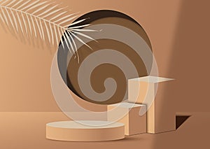 3d podium display set. Copy space vector 3d rendering , beige background with tropical leaf light and shadow,Cosmetics or beauty