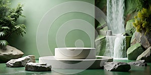 3D podium Double circle geometry. Product display space concept of Rocks with Forest and waterfall Nature in a minimal style