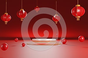 3D podium and golden ring design for chinese new year background decorate with red china fans in red theam Mockup for product
