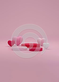 3D Podium with hearts on pink background. Happy Valentine s Day, birthday