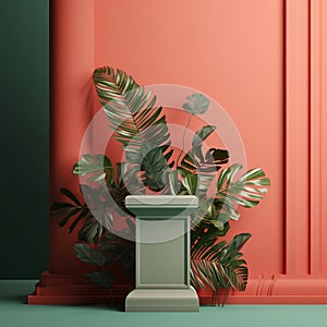 3d podium mockup, with green palm leaves on red background