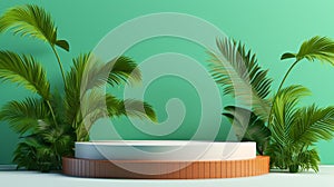 A 3D podium and palm tree with a clean, green background