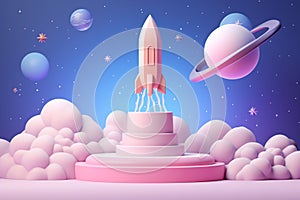 3D Podium with Spaceship Takeoff, Cute Cloud, Galaxy Space, Bright Color