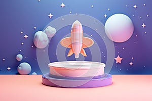 3D Podium with Spaceship Takeoff, Cute Cloud, Galaxy Space, Bright Color