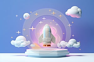 3D Podium with Spaceship Takeoff, Cute Cloud, Galaxy Space, Bright Color