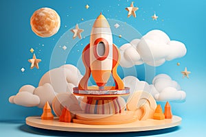 3D Podium with Spaceship Takeoff, Cute Cloud, Galaxy Space, Bright Color
