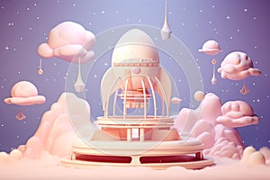 3D Podium with Spaceship Takeoff, Cute Cloud, Galaxy Space, Bright Color