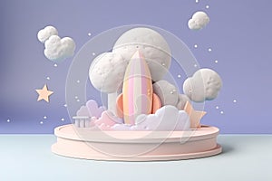 3D Podium with Spaceship Takeoff, Cute Cloud, Galaxy Space, Bright Color