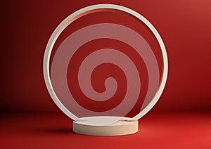 3D podium stands decorative with circle border on a red floor in a sleek studio room background