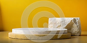 3D podium stone. Product showcase ideas with promotional ideas in yellow stone wall background in simple luxury