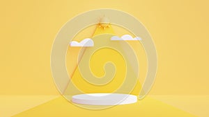 3D Podium with sun and clouds on yellow background.Minimal style of summer vacation concept.3D Rendering Illustration