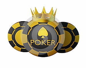 3D poker casino logo, luxury UI game golden icon, blackjack tournament button, VIP chip coin badge.