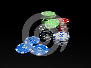 3D Poker Chips on black background