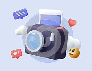 3d polaroid photo camera icon and frame social media. 3d snapshot camera, photo icon concept. Modern cartoon design 3d