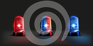 3D police lights. Attention siren. Beacon for alert or accident. Red and blue ambulance lamps. Car traffic. Urgency