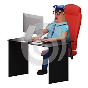 3D Police Officer Cartoon Design working with a computer