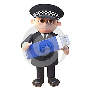 3d police officer policeman character in uniform holding a usb thumb drive memory stick for data backup, 3d illustration