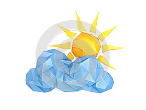 3d polygonal weather icon, blue cloud and yellow sun on a white background. 3d renderer