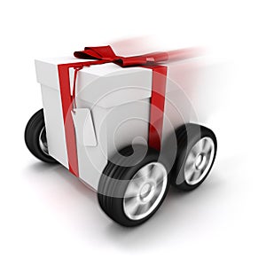 3d present box with red bow on wheels