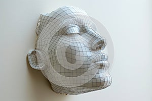 3D Printed Human Face Sculpture on White Background Modern Art Installation Concept