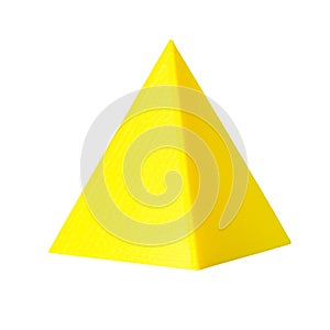 3d printed model of pyramide from yellow printer filament. Isolated on white.