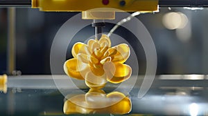 3d printer creating yellow flower, advanced technology innovation in manufacturing