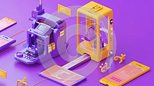 3D printer isometric concept modern illustration. 3D printer prototype manufactures building, dimensional virtual model