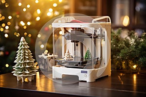 3D printer printing Christmas trees with Christmas background. 3D printer