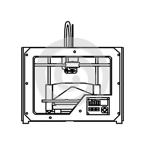 3D printer vector technology design icon outline. Engineering line manufacturing model from plastic and thin industry concept