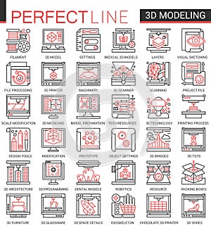 3d printing complex concept science technology thin line web icons vector set. Red black thin line creative design with