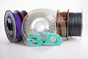 3D printing filament reels with text `3d` on white background