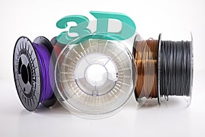 3D printing filament reels with text `3d` on white background