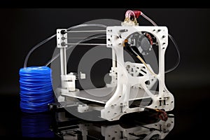 3d printing robot, with extruder head and nozzle printing on roll of filament