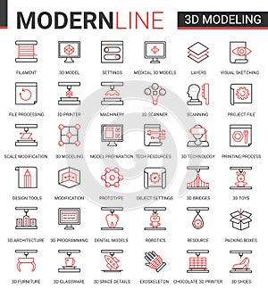 3d printing science technology flat web icon vector illustration set, 3d modelling modern cyber tech printer equipment